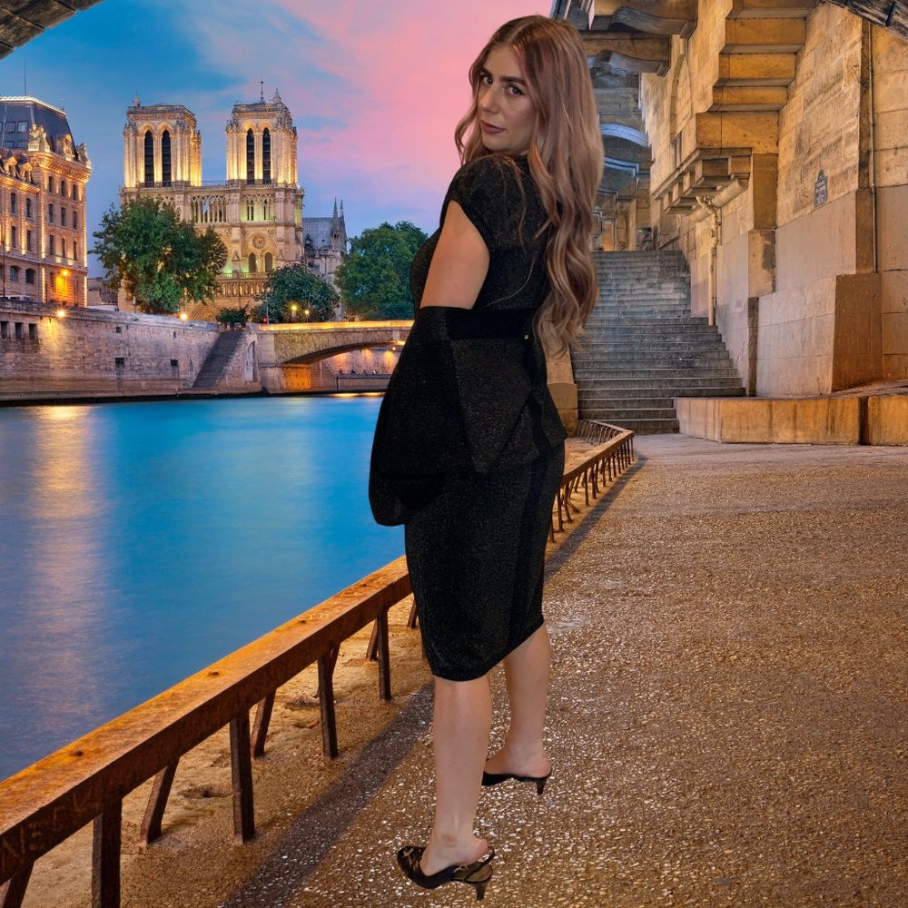 Escada Black and Gold Dress and Shawl Set Small